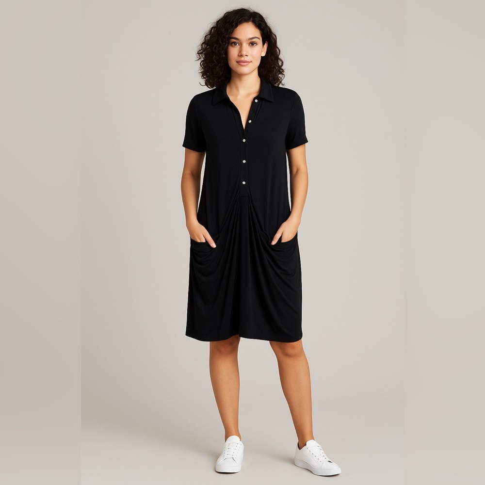 Theory Black Draped Pocket Shirt Dress Size Medium Modal Blend casual soft